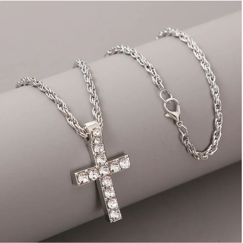 FCJ Punk Hip-hop Cross Pendant Necklace with Titanium Box Chain Geometric Pattern Trendy Style for Women and Men for Gift