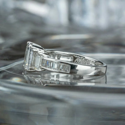 Platinum Emerald Cut Diamond Ring With Baguette Side Stones Natural D Color Women's Engagement Ring F859