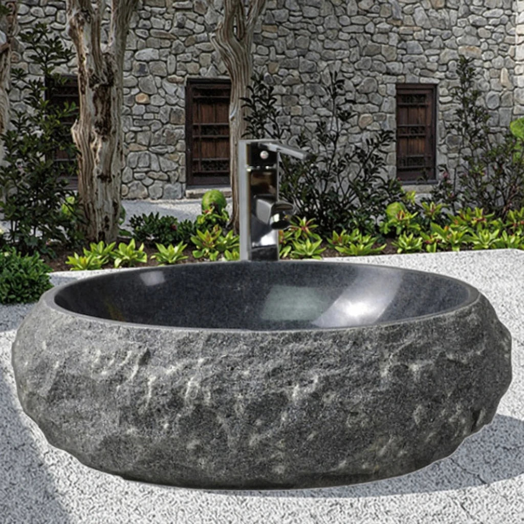 Wholesale 48cm Indoor Outdoor Natural River Lava Stone Vessel Sink Modern Traditional Oval for Bathroom Hotel Villa Hand Wash