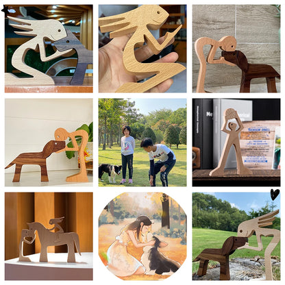 Family Puppy Wood Dog Craft Figurine Desktop Table Ornament Carving Model Home Office Decoration Pet Sculpture Christmas Gift