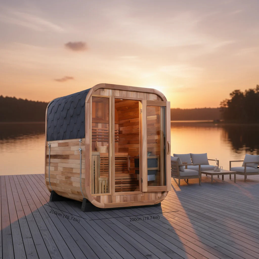 In Stock Canadian Spliced Red Cedar Traditional Large Cube Outdoor Sauna With 8mm Tempered Glass Garden Multi Person Health Spa