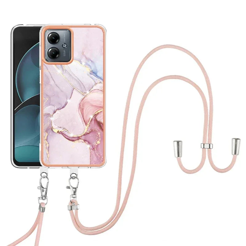 Shockproof Mobile Phone Case for Motorola Moto G14 G54 G84 IMD Marble Shell Cover Lanyard