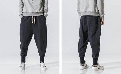 Cotton Linen Harem Pants Men Solid Elastic Waist Streetwear Joggers New Baggy Drop-crotch Pants Casual Trousers Men