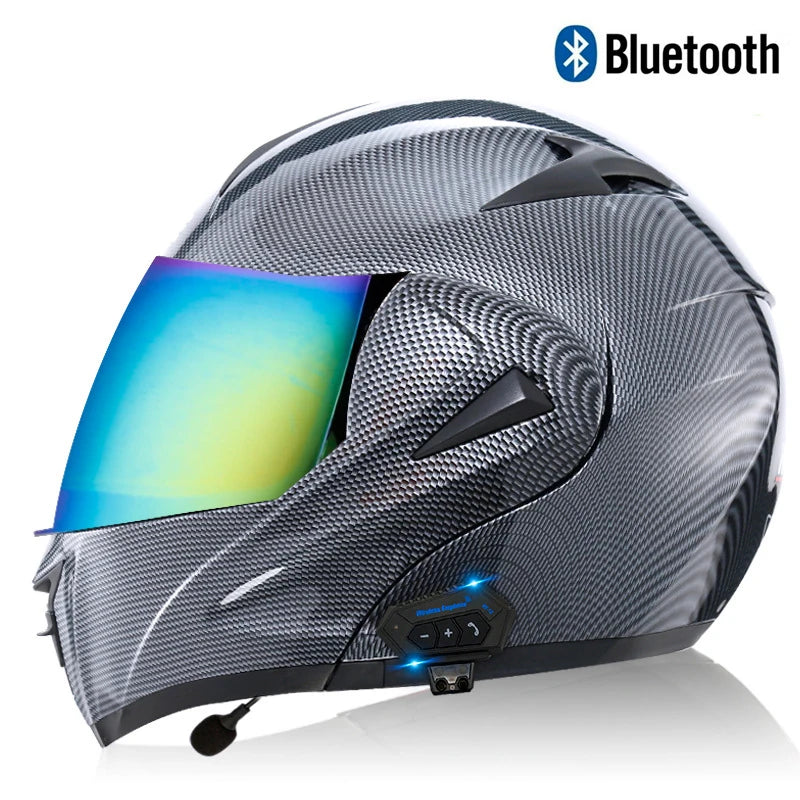 Carbon Fiber Pattern Electric Scooter Motorcycle Blueto0th Wireless Headphone Speaker Open Face Double Lens Full Face Helmets