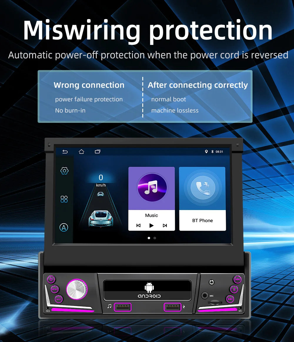 BQCC 7\" 1DIN Android 13 Car Radio Retractable HD Screen Auto Electronics 1+32G/2+32G/2+64G WiFi GPS Navigation SDK Mirror Link