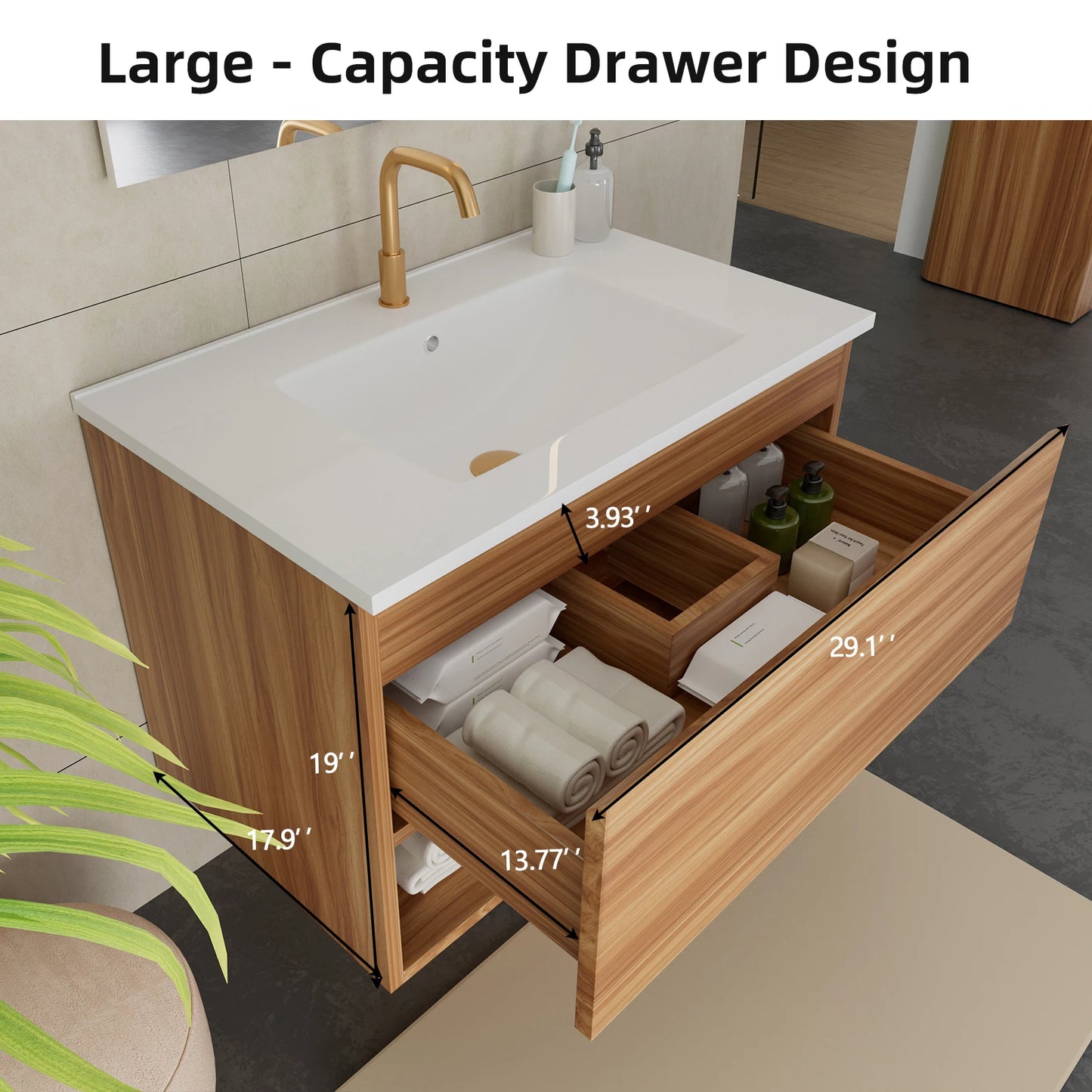 30 Inch Bathroom Vanity Cabinet With Ceramic Sink - Walnut Wall Mounted Floating Fluted Vanity With Drawers, Modern