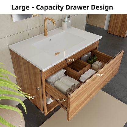 30 Inch Bathroom Vanity Cabinet With Ceramic Sink - Walnut Wall Mounted Floating Fluted Vanity With Drawers, Modern