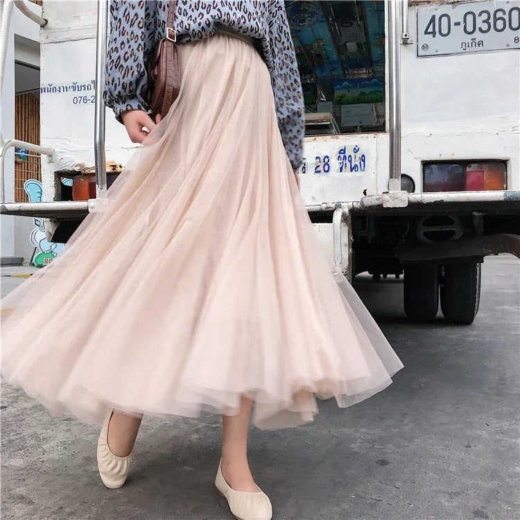 TingYiLi Elegant Tulle Skirt Autumn Winter Big Swing Women Skirt Korean Cute Pink Green Gray Blue Brown Black Long Skirt Tutu