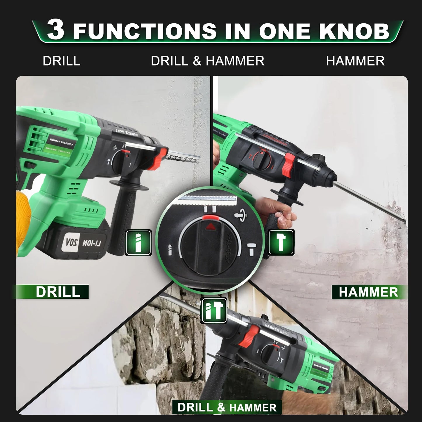 Local US Warehouse 20V Cordless Rotary Hammer Drill Electric with SDS Plus Bit DIY Demolition Drilling Battery Powered