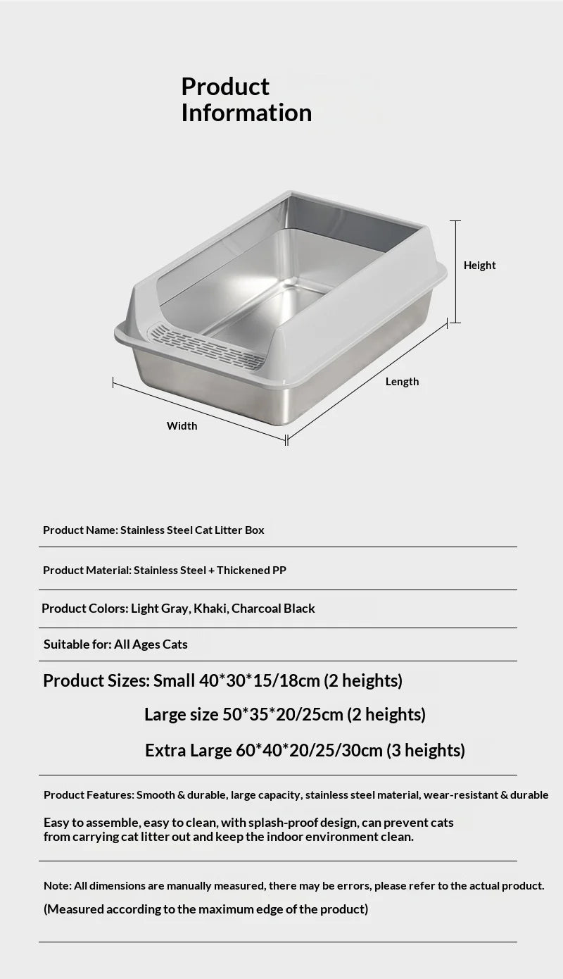 Stainless Steel Semi-closed Rectangular Cat Litter Box with Top-in Lid Anti-splash High Fence Pet Cleaning