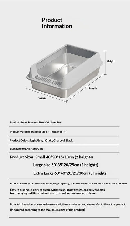 Stainless Steel Semi-closed Rectangular Cat Litter Box with Top-in Lid Anti-splash High Fence Pet Cleaning