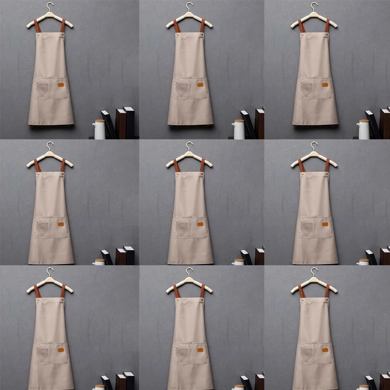 Khaki Kitchen Apron Waterproof Cross Adjustable Webbing Restaurant bar Barbershop Garden With Pocket Custom Logo