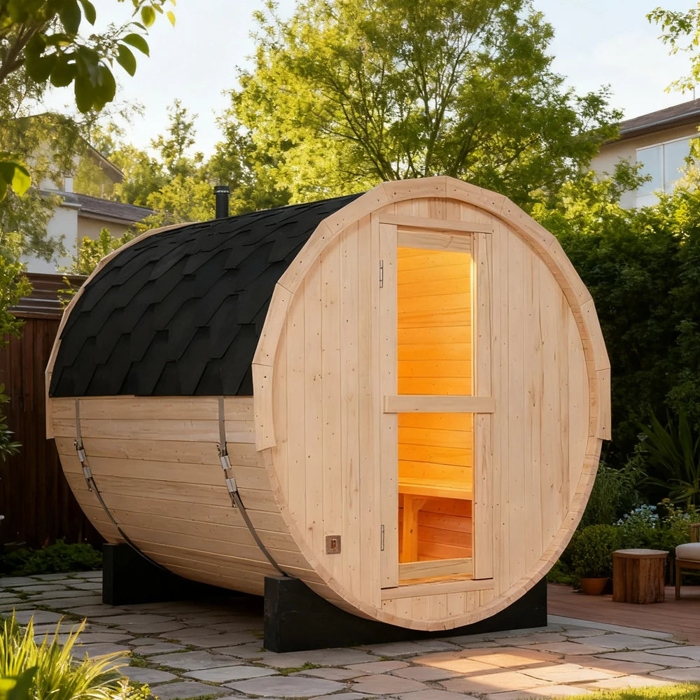 Outdoor Round Barrel Sauna Room, Solid White Pine Wood, 4-person Sauna Room, Traditional Sauna Room with ETL Electric Stove.