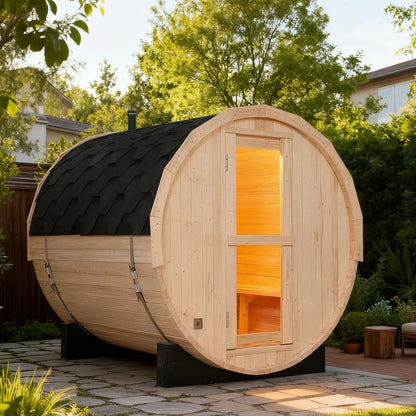 Outdoor Round Barrel Sauna Room, Solid White Pine Wood, 4-person Sauna Room, Traditional Sauna Room with ETL Electric Stove.