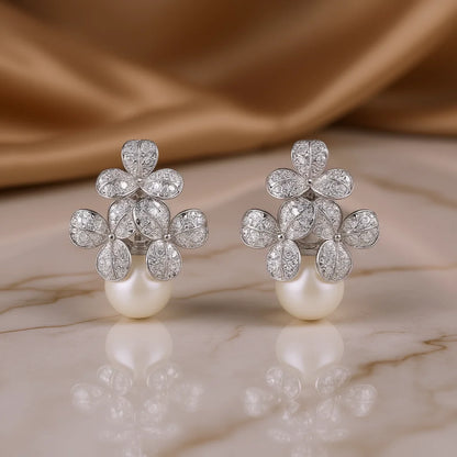 E3552 White Gold Flower Stud Earrings With Diamond Pav And Freshwater Pearl For Women Luxury Jewelry
