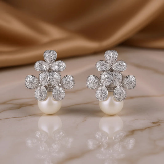 E3552 White Gold Flower Stud Earrings With Diamond Pav And Freshwater Pearl For Women Luxury Jewelry