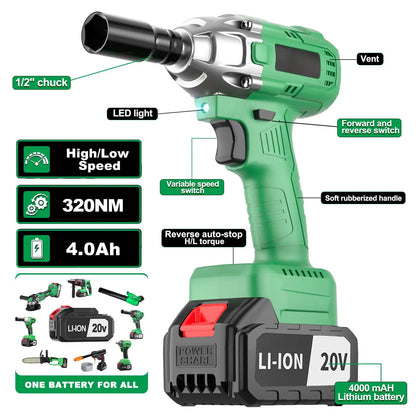 20V Cordless Impact Wrench DIY Grade Electric Wrench Drill for Car Max Torque 320nm Battery Powered