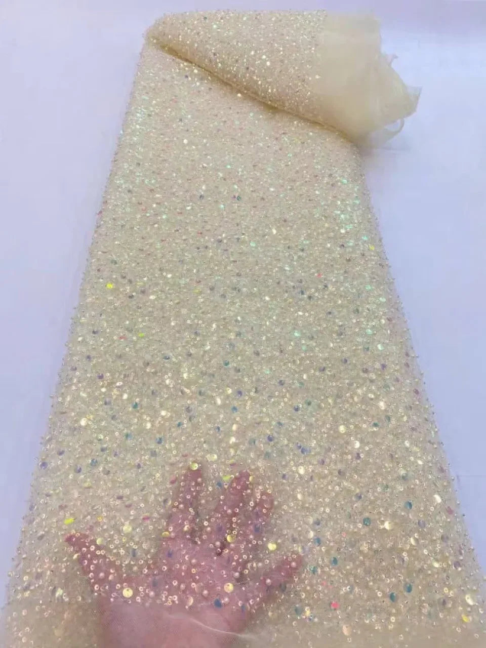 Width 130 cm Polyester Sparkly Sequins Embroidery Beads Mesh Fabric Heavy Tulle Lace Fabric for Wedding Dress Curtain