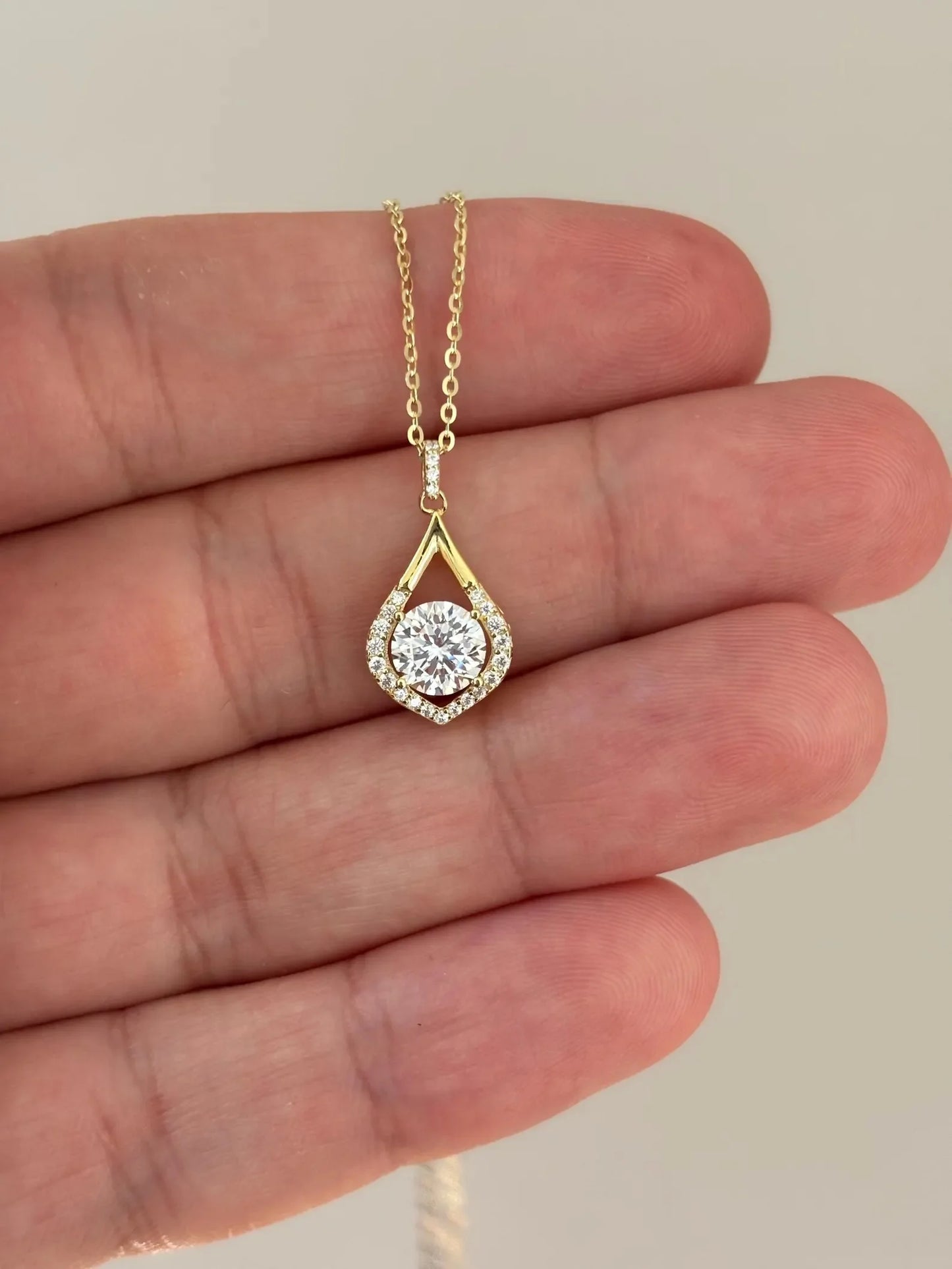 Teardrop Moissanite Halo Christian Party Necklace Silver Plated Sterling Silver Yellow Gold Spring Ring Closure Charms