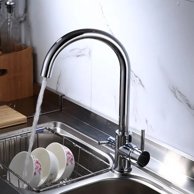 Luxury Chrome Deck Mount Kitchen Faucet - High Quality Dual Handle Pure Water Sink Tap