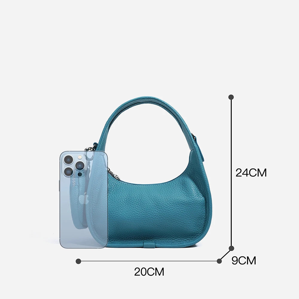 Genuine Cowhide Leather Ladies Shoulder Bag Fashionable Underarm Saddle Handbag Zipper Closure Crescent-Shaped Design for Women
