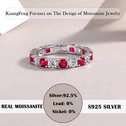 18K Gold & 925 Sterling Silver Plated Red & White Eternity Band 3mm Moissanite Ring Stackable Jewelry for Women Great Gift Idea