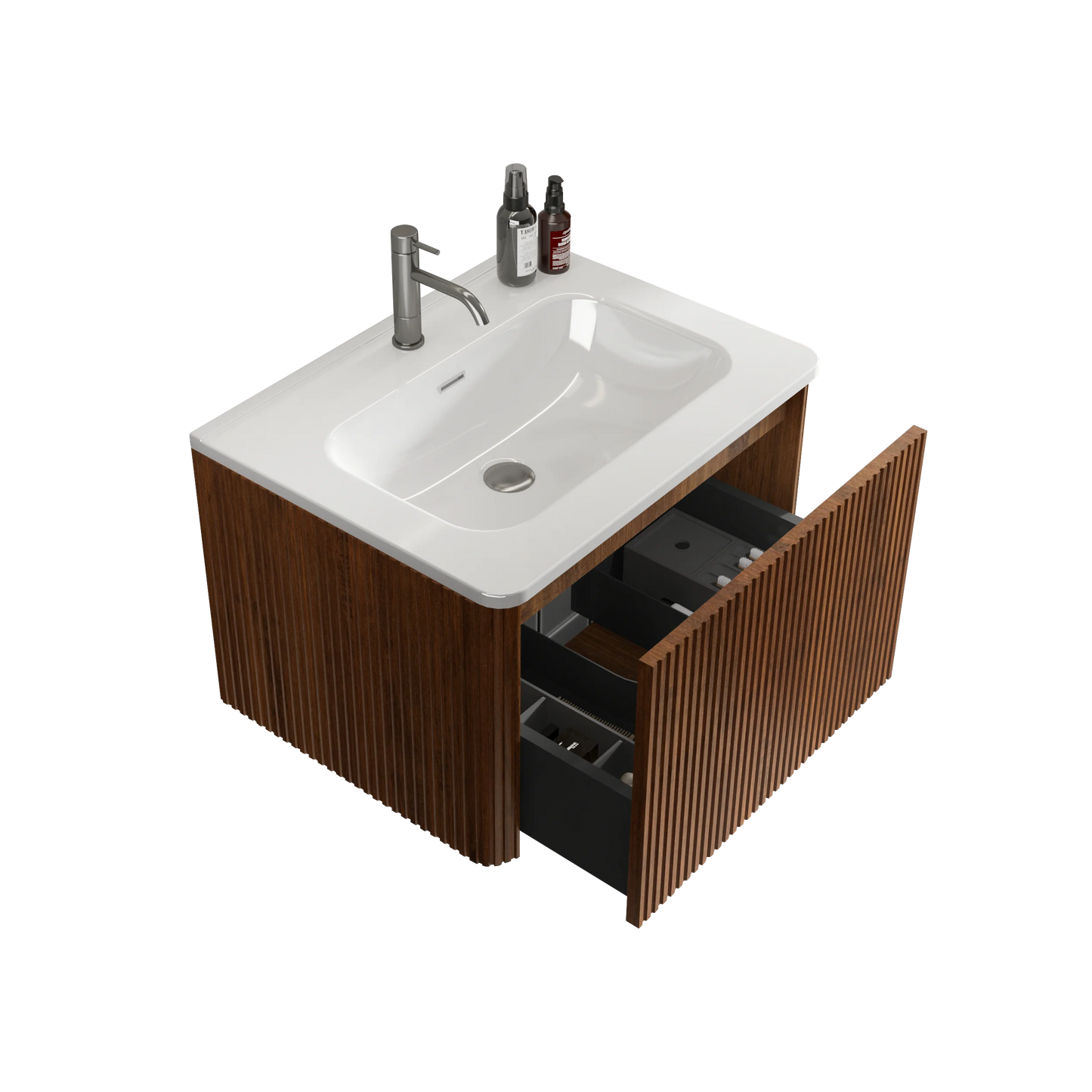 Homein 24 in White+Walnut Bathroom Vanity with Sink, Wall Mounted Melamine Floating Cabinet with Striped Push-open Drawers