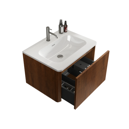 Homein 24 in White+Walnut Bathroom Vanity with Sink, Wall Mounted Melamine Floating Cabinet with Striped Push-open Drawers