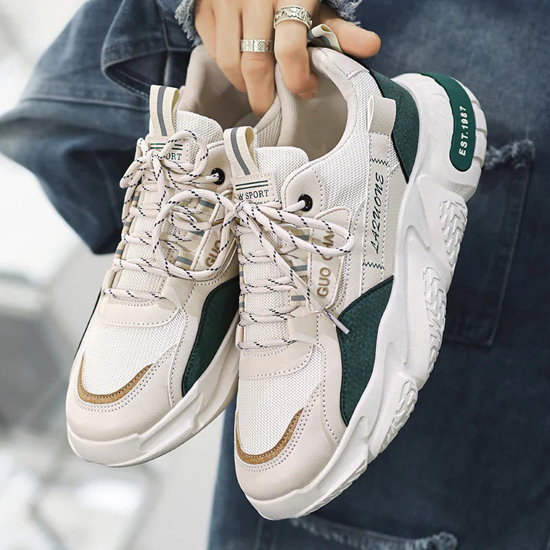 Men's Casual High-Top Sport Sneakers Microfiber Leather Upper Large Dad PU Rubber Sole Waterproof Breathable Mesh for Summer