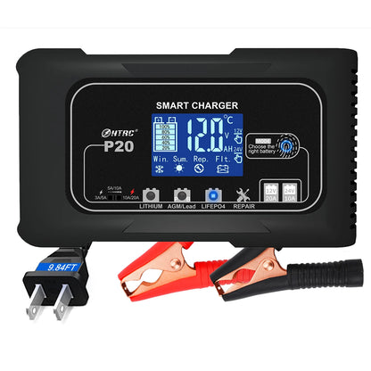 HTRC 20-Amp Smart Battery Charger for Lithium LiFePO4 Lead-Acid AGM/Gel/SLA Batteries Car/Motorcycle/Scooter Trickle Charger