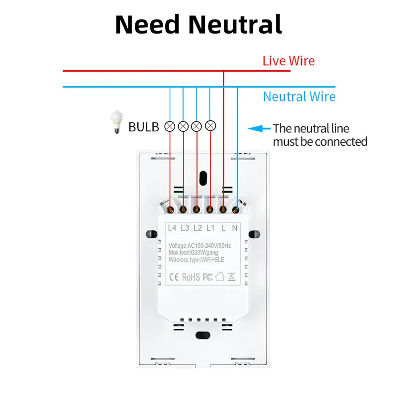 LangYeao US WiFi Smart Wall Light Switch 1/2/3/4 Gang Touch Panel with Neutral Wire Compatible with for Tuya App & Smart Life