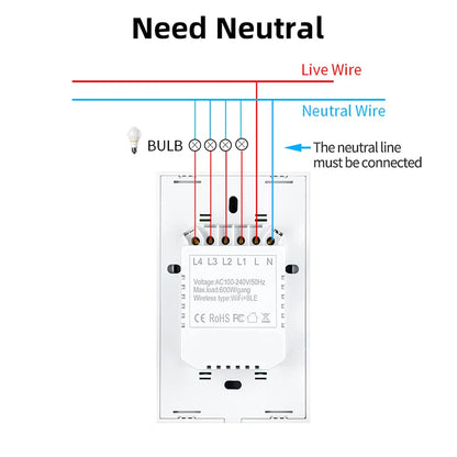 LangYeao US WiFi Smart Wall Light Switch 1/2/3/4 Gang Touch Panel with Neutral Wire Compatible with for Tuya App & Smart Life