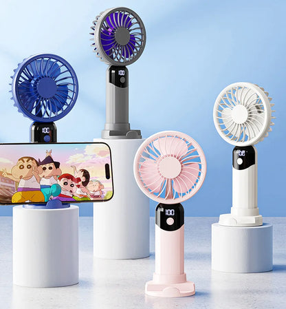 USB Portable 6-Speed Digital Display Fan Mini Handheld Large Wind Silent Desktop Cooling Gift Foldable for Household Car Use