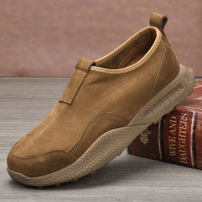 Men Slip-On Retro Shoes Genuine Cow Leather Round Toe Mesh Lining Rubber Outsole Breathable Walking Style Shoes