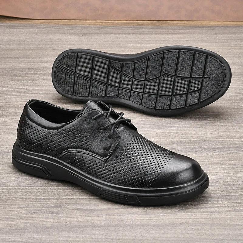 Men Summer Breathable Cow Leather Lace-up Round Toe Boat Shoes Solid Color Rubber Outsole EVA Midsole