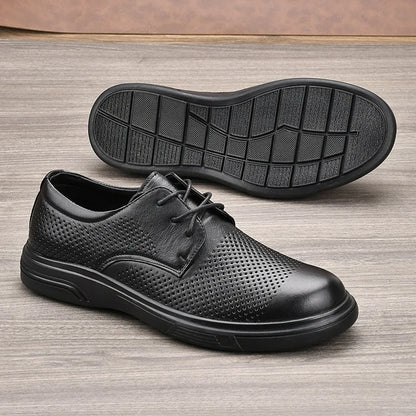 Men Summer Breathable Cow Leather Lace-up Round Toe Boat Shoes Solid Color Rubber Outsole EVA Midsole