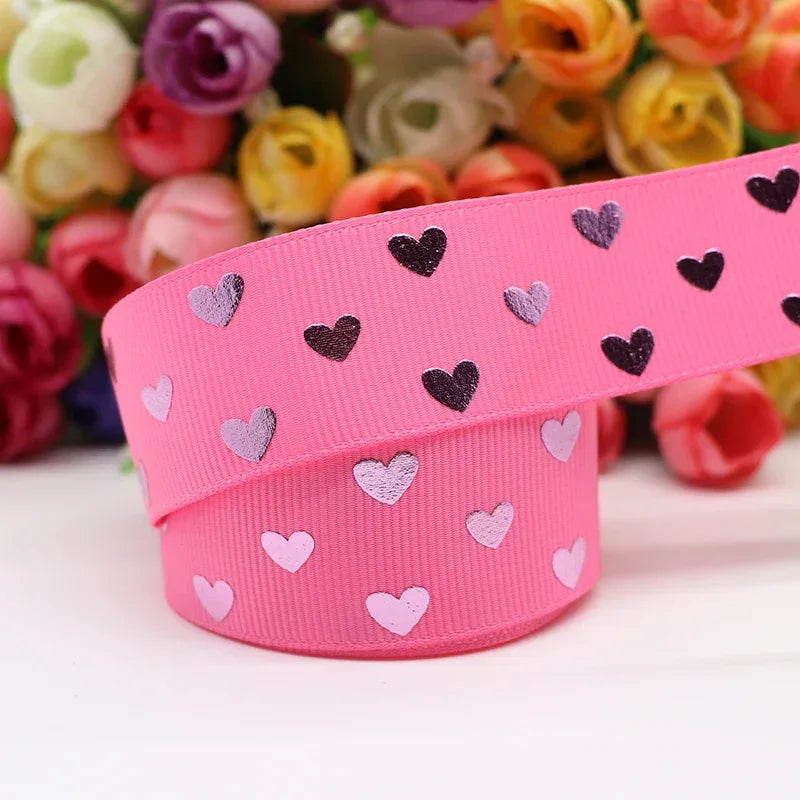 5 Yards 1" 25MM Valentine's Day Pink Gold Heart-Shaped Printed Ribbon For Hair Bows DIY Crafts Handmade Accessories M20012103
