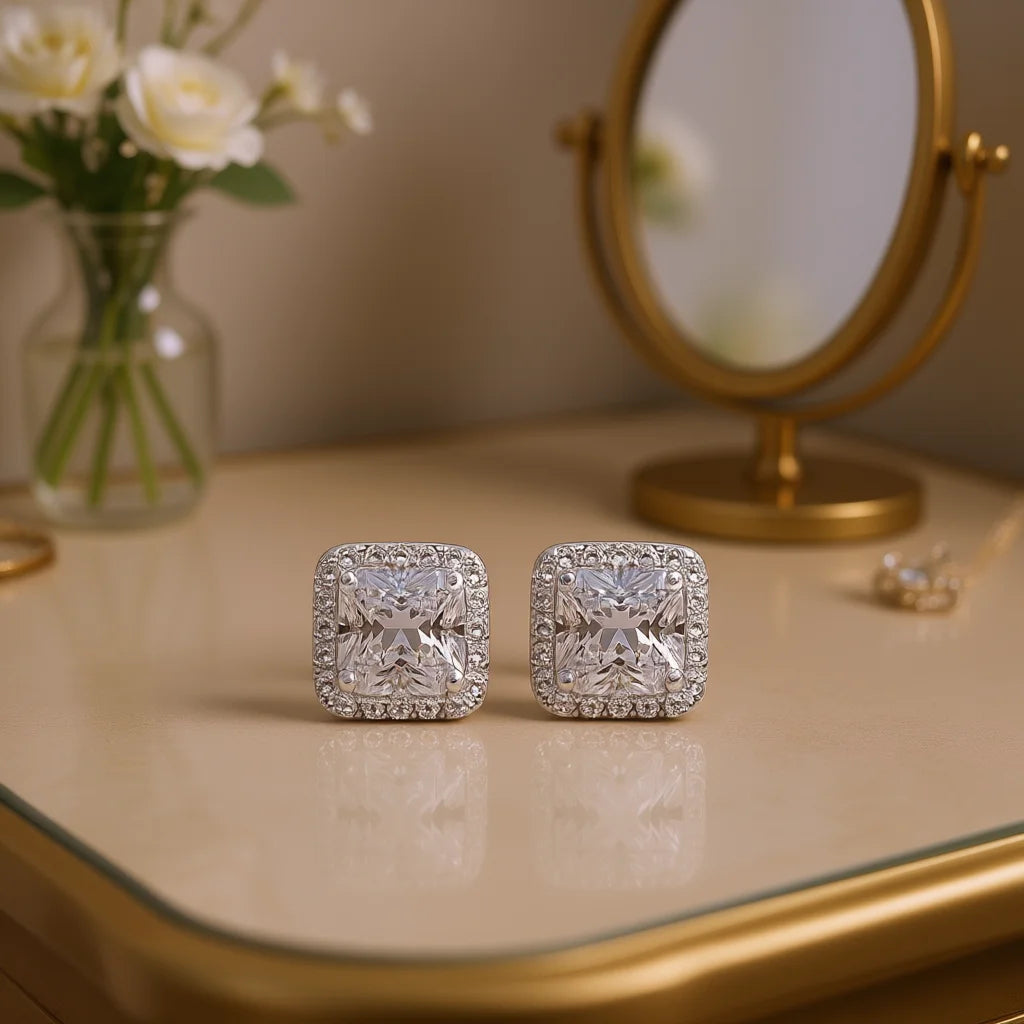 White Gold Princess Cut Zircon Stud Earrings For Women Wedding Classic Geometric Alloy Jewelry