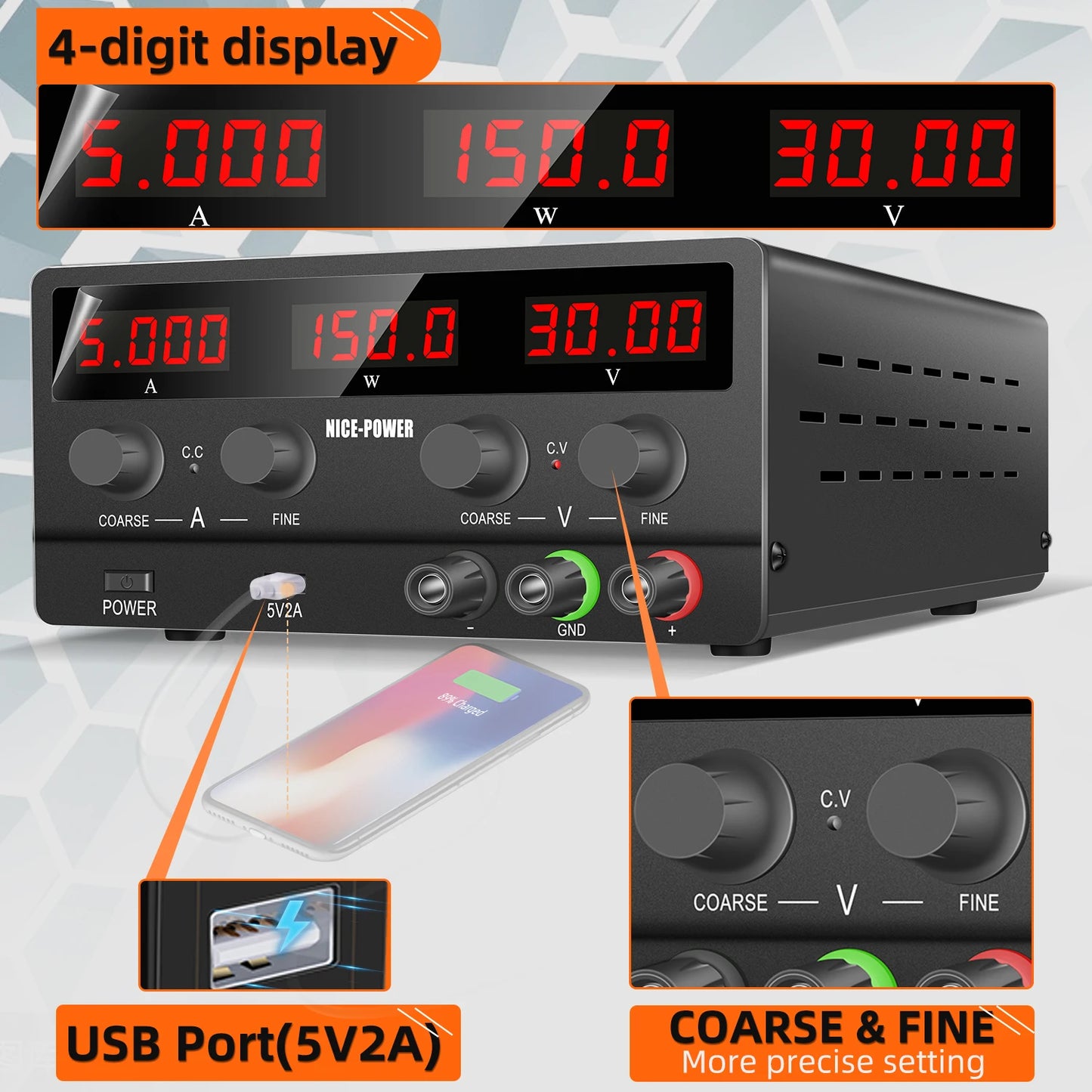 NICE-POWER SPS-H305 Black 30V 5A Repair Usb Switching Variable Adjustable Digital Bench Mini Voltage Dc Power Supply