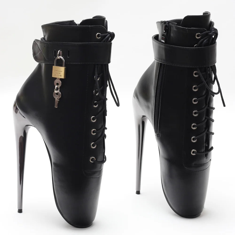 JIALUOWEI New 7Inch Stiletto High Heel Lock Wrap Strap Ankle Length Fetish Ballet Boots In Stock Shipping Fast