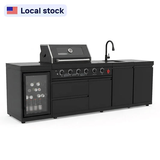 US Overseas Warehouse 304 Stainless Steel Outdoor Kitchen BBQ Island All in One Cooking Station with Fridge & Sink