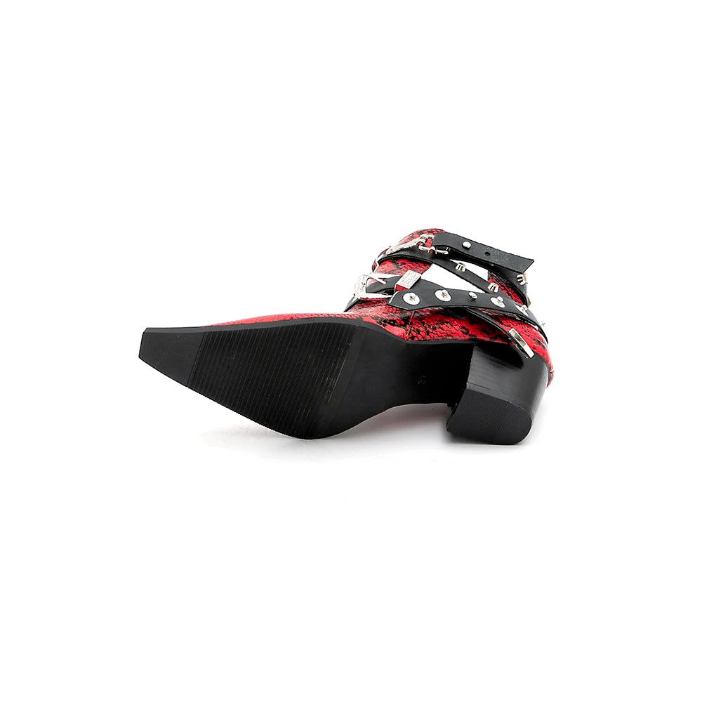 Motorcycle Western Cowboy Boots Women Snake PU Leather Short Cossacks High Heels Pointed Cowgirl Booties Buckle Womens Shoes