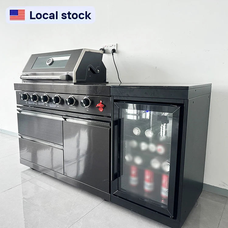 US Warehouse 304 Stainless Steel Outdoor Kitchen Set with 4-Burner BBQ Grill and Fridge for Backyard Garden