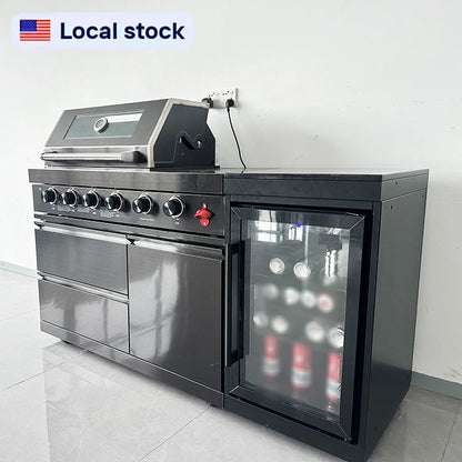 US Warehouse 304 Stainless Steel Outdoor Kitchen Set with 4-Burner BBQ Grill and Fridge for Backyard Garden