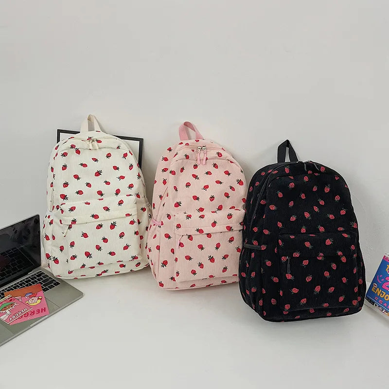 New Arrival  Strawberry Print Corduroy Travel Backpack Multifunction Custom Cute Girls Casual College School Backpacks