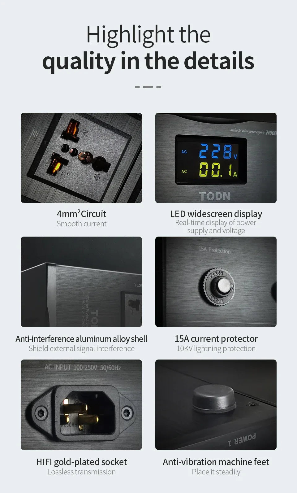 TODN Audio Noise AC Power Filter Power Conditioner Power Purifier Surge Protection with EU Outlets Power Strip