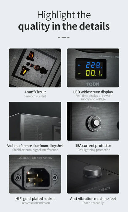 TODN Audio Noise AC Power Filter Power Conditioner Power Purifier Surge Protection with EU Outlets Power Strip