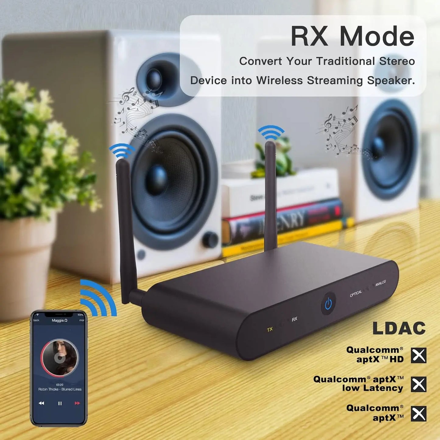 For 5.2 Long Range Transceiver Audiophile DAC for HD for Low Latency Analog RCA Digital Optical Outputs Metal