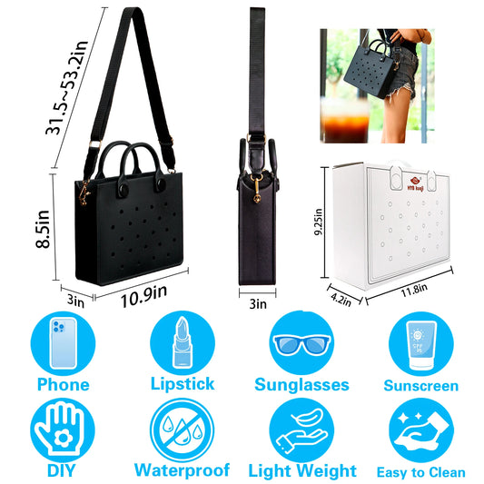 Lightweight Perforated Reusable EVA Handbag Black Women's Tote Bags for Women & Girl with Shoulder Strap for Beach & College