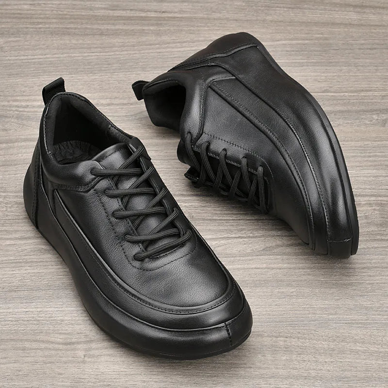 Genuine Leather Men's Casual Shoes Round Toe Lace Up Anti Slip Platform Rubber Sole All Seasons Chunky Shoes